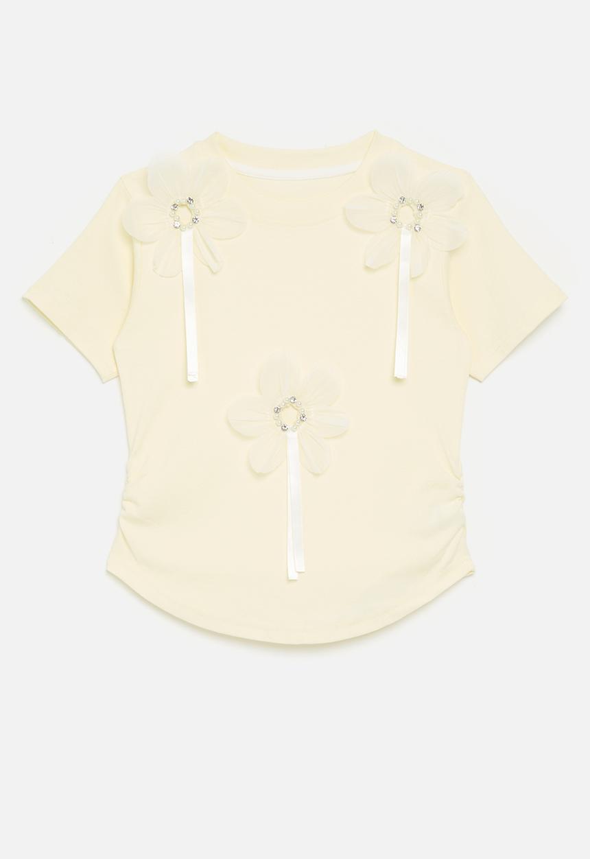 Pop Candy - 3D fabric flower top with beads and ribbon - light yellow/white