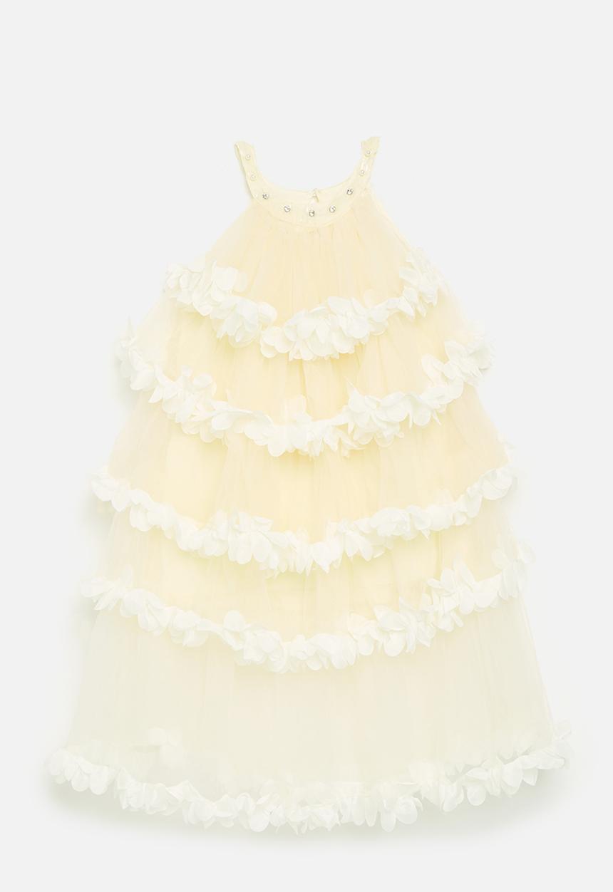 Pop Candy - Halter neck tulle dress with floral edged tiers - pale yellow/white