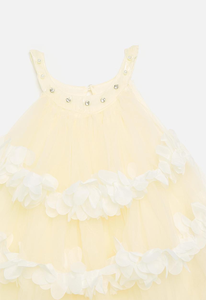 Pop Candy - Halter neck tulle dress with floral edged tiers - pale yellow/white
