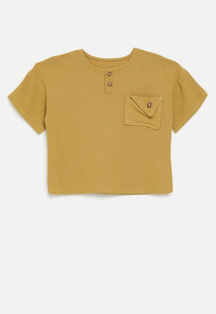 Pop Candy - Henley tee with single button-flap pocket - mustard