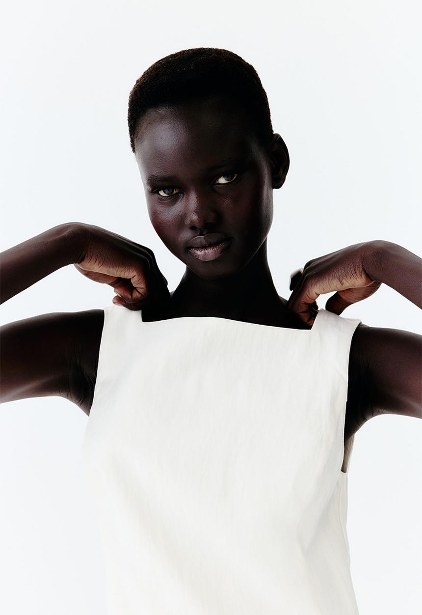 H&M - Square-neck twill dress - cream