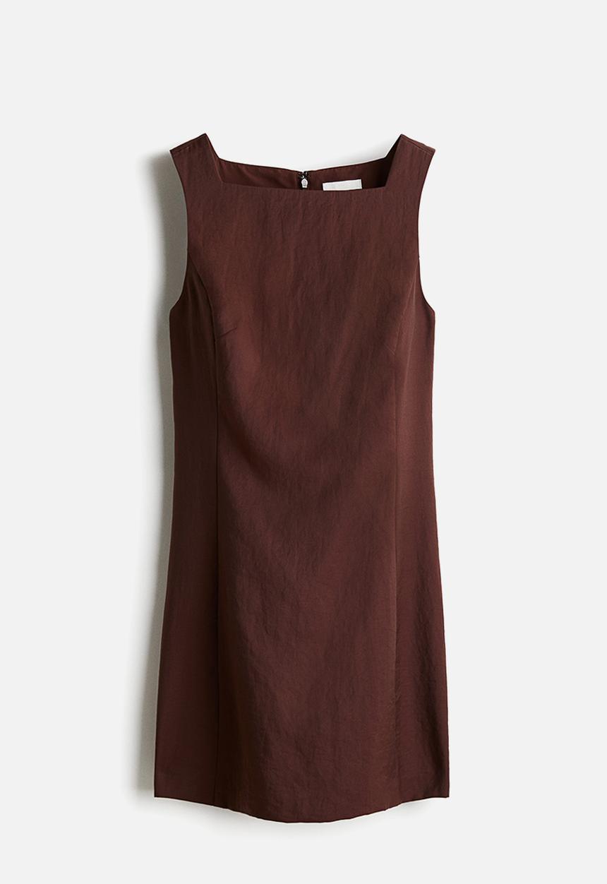 H&M - Square-neck twill dress - dark brown