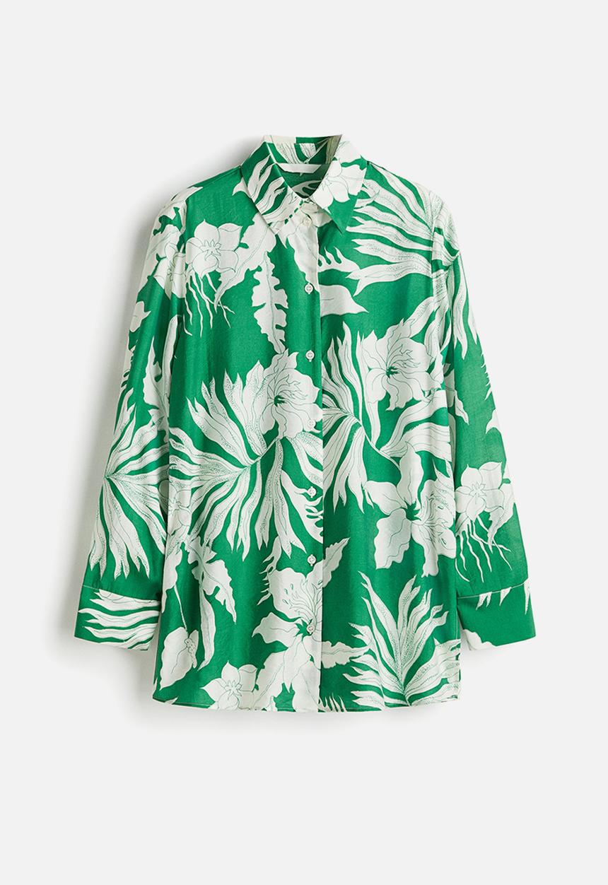 H&M - Patterned oversized shirt - green & white floral