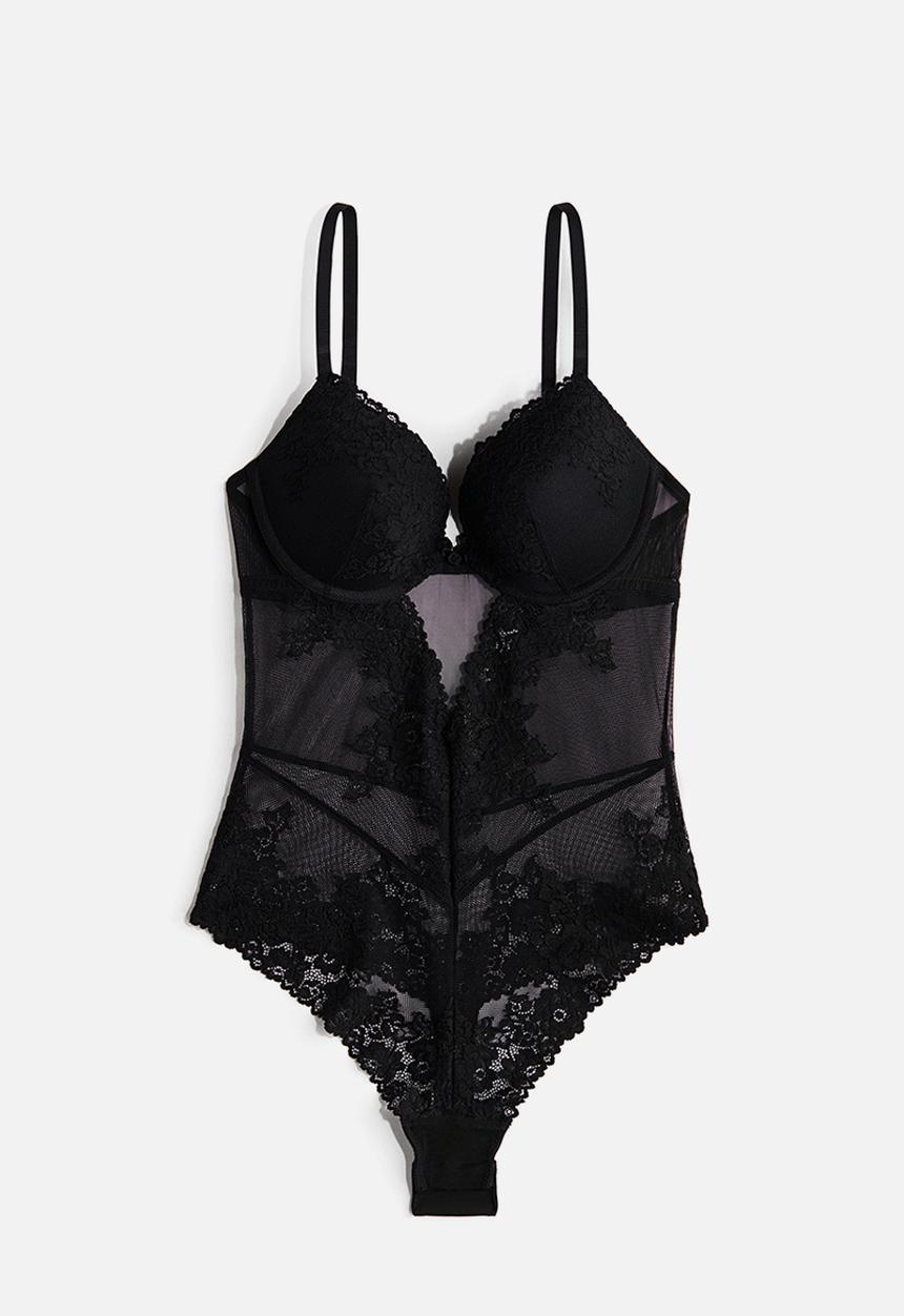 H&M - Lace push-up thong body - black