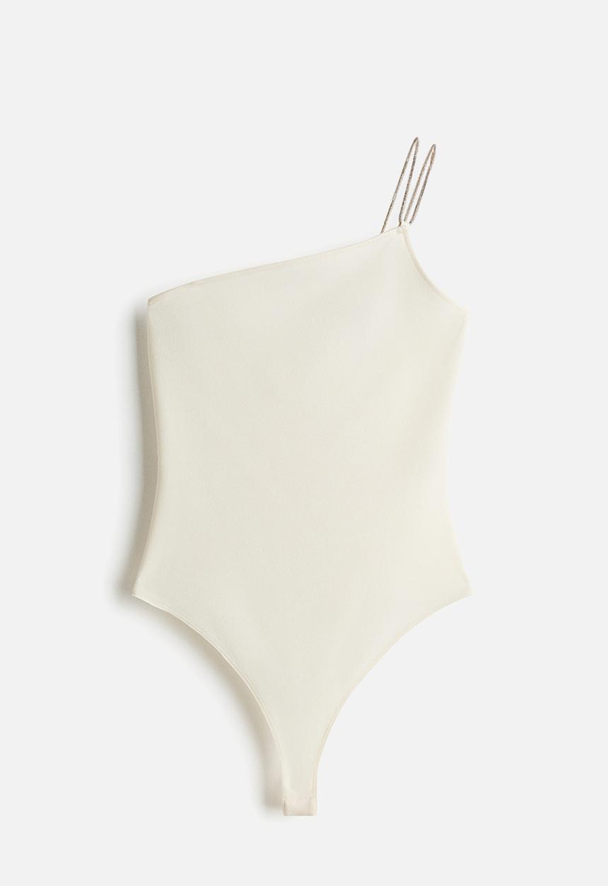 H&M - Rhinestone-strap one-shoulder body - cream