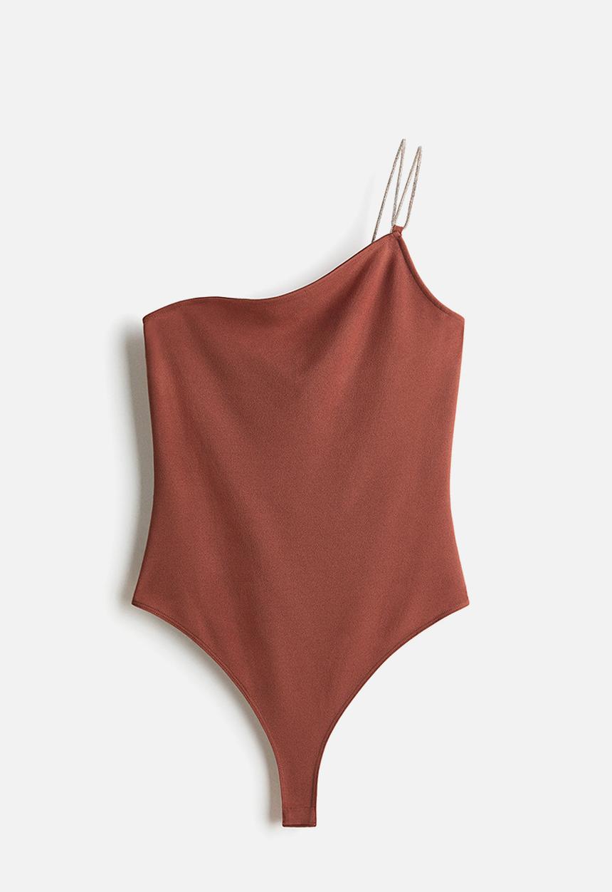 H&M - Rhinestone-strap one-shoulder body - dusty brown