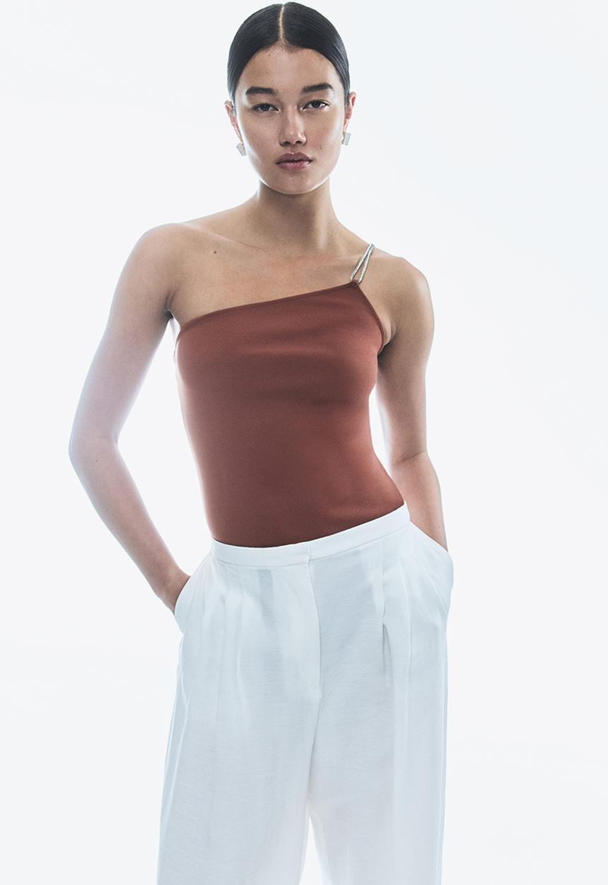 H&M - Rhinestone-strap one-shoulder body - dusty brown