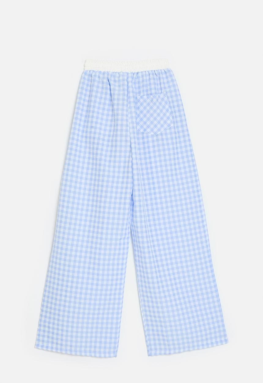 Pop Candy - Wide waistband pants with slanted inset pockets - blue gingham