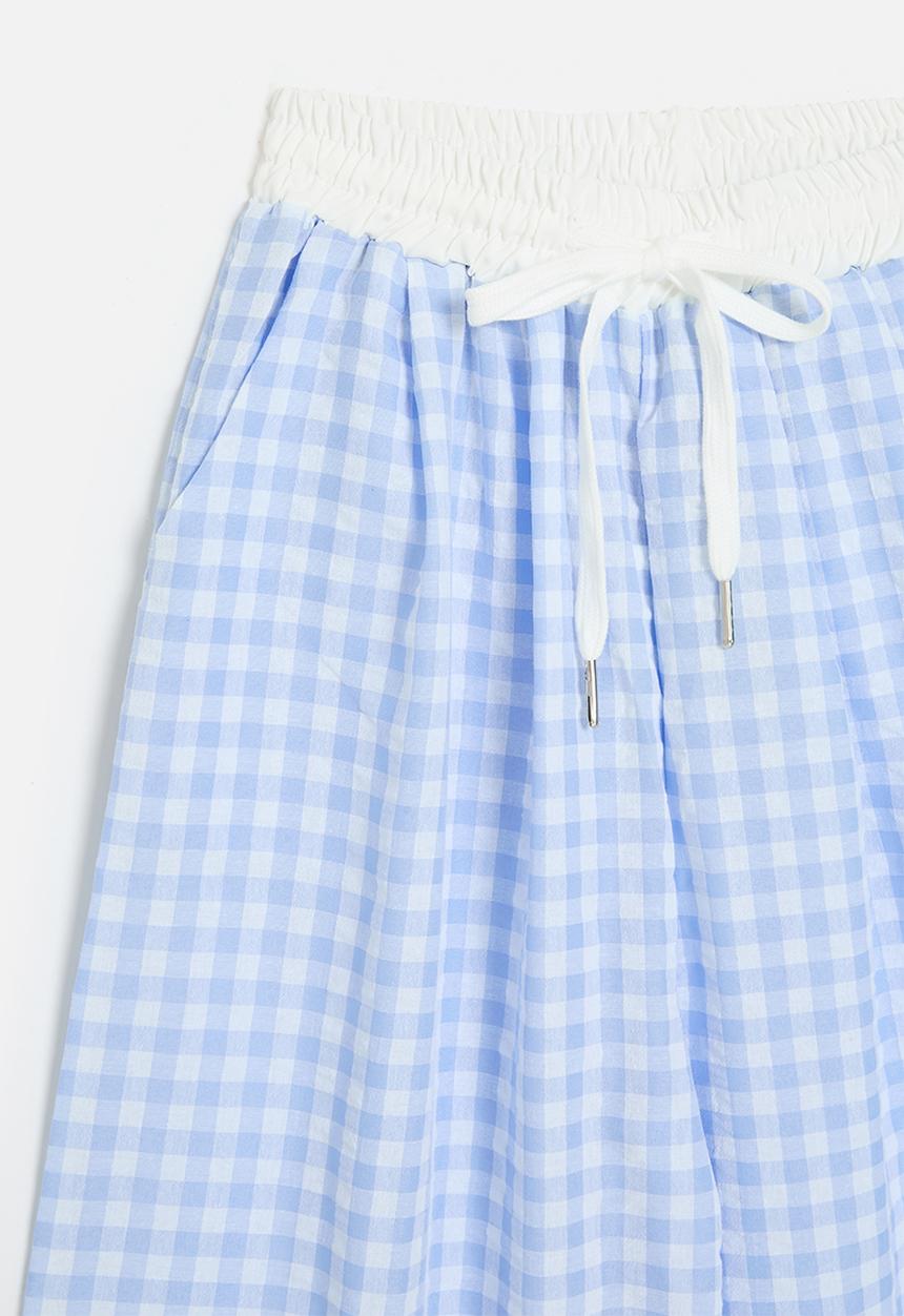 Pop Candy - Wide waistband pants with slanted inset pockets - blue gingham