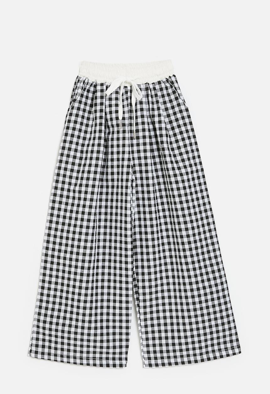 Pop Candy - Wide waistband pants with slanted inset pockets - black gingham
