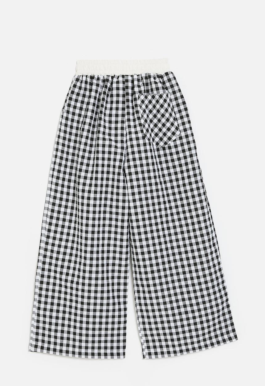 Pop Candy - Wide waistband pants with slanted inset pockets - black gingham