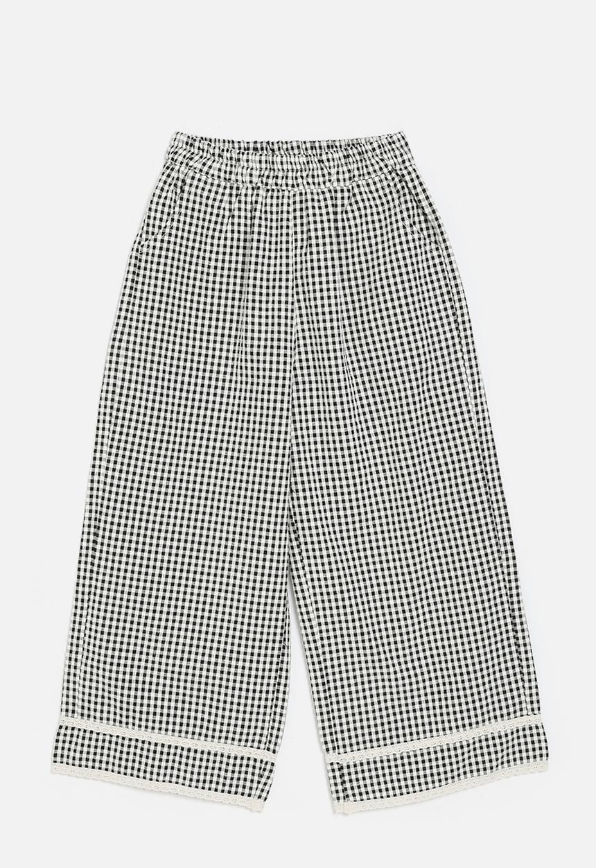 Pop Candy - Wide leg pants with lace knit trim - black gingham