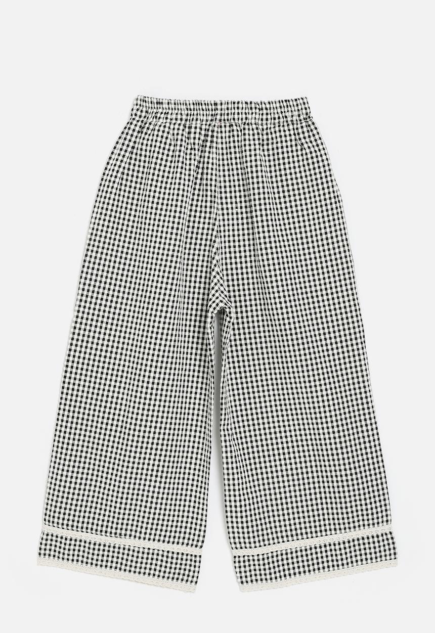 Pop Candy - Wide leg pants with lace knit trim - black gingham