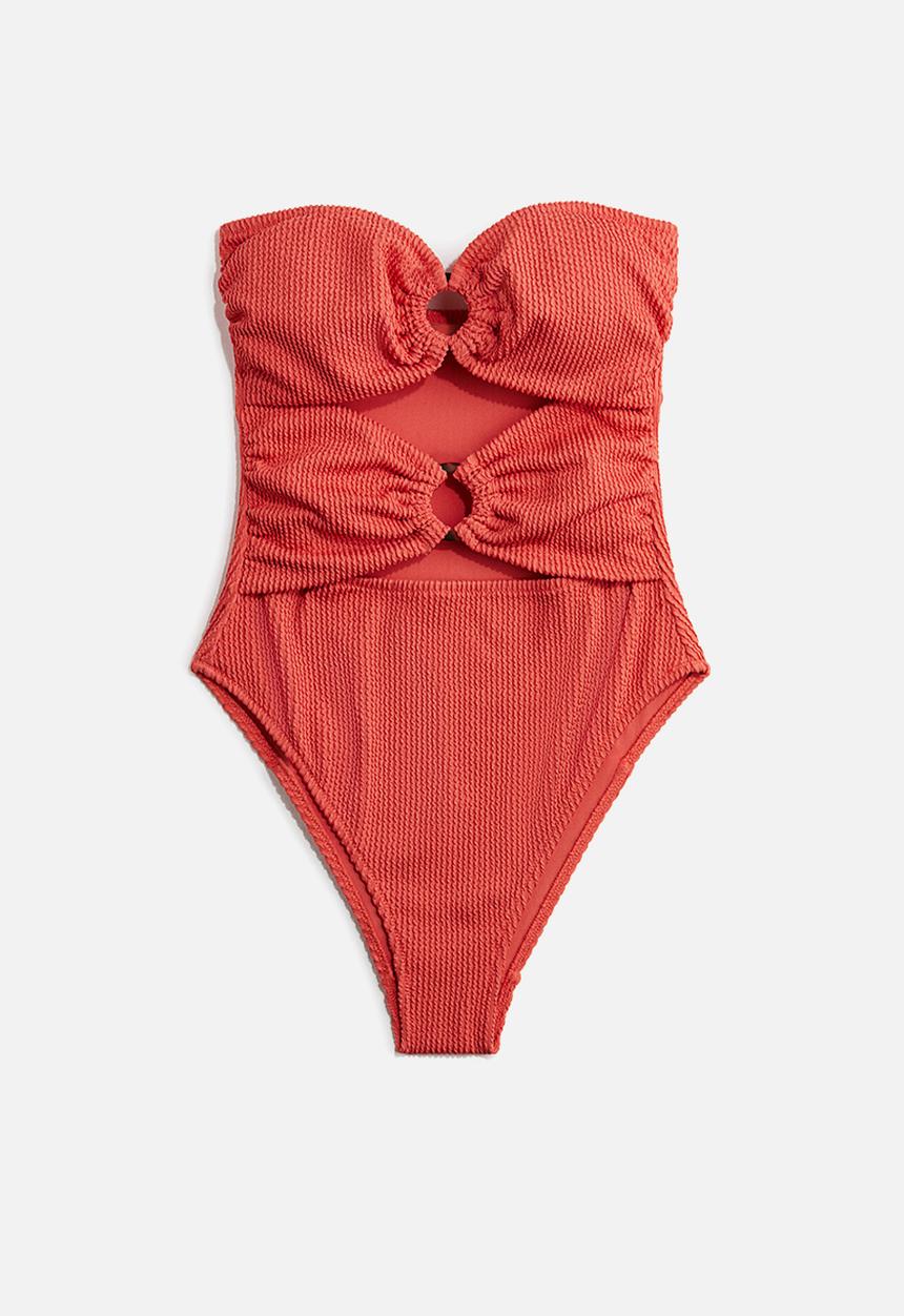 H&M - Padded-cup bandeau swimsuit -  coral red 