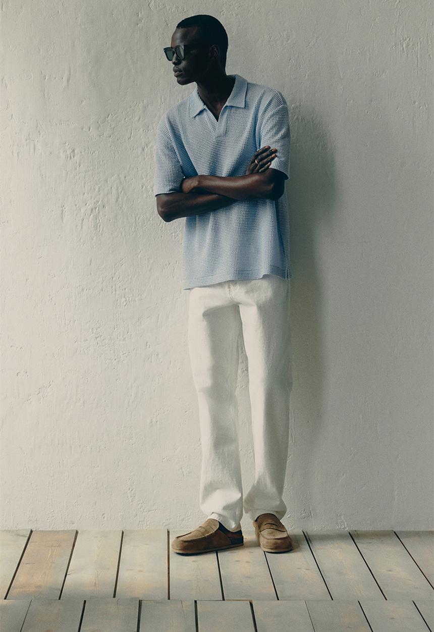 H&M - Loose fit waffled polo shirt - light blue