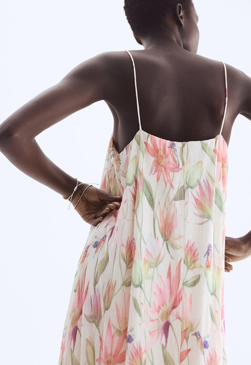 H&M - Plissé strappy dress - cream & floral