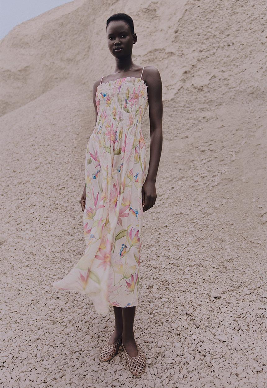 H&M - Smocked-bodice strappy dress - cream floral