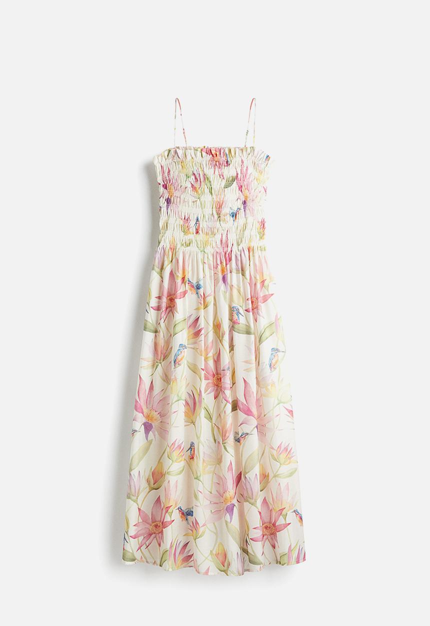 H&M - Smocked-bodice strappy dress - cream floral