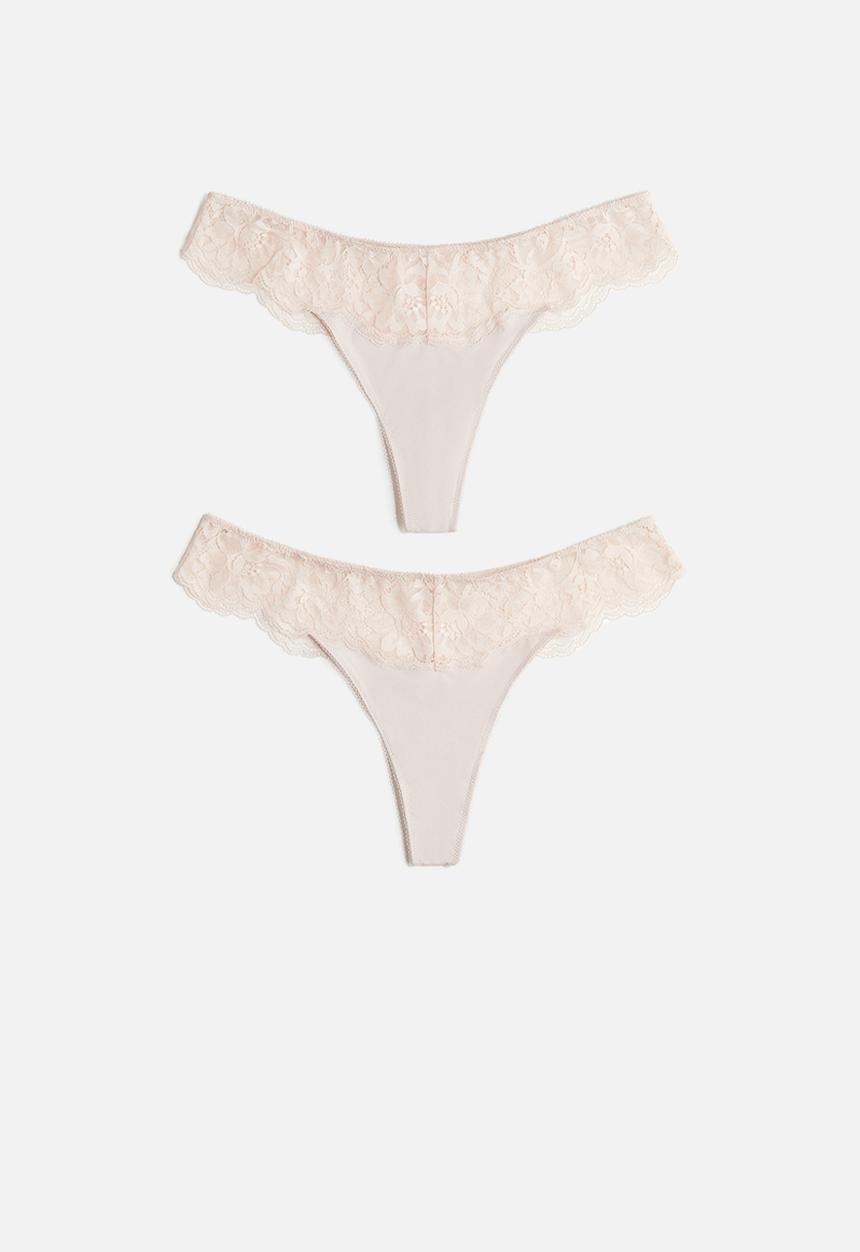 H&M - 2-pack microfibre and lace thong briefs - powder pink