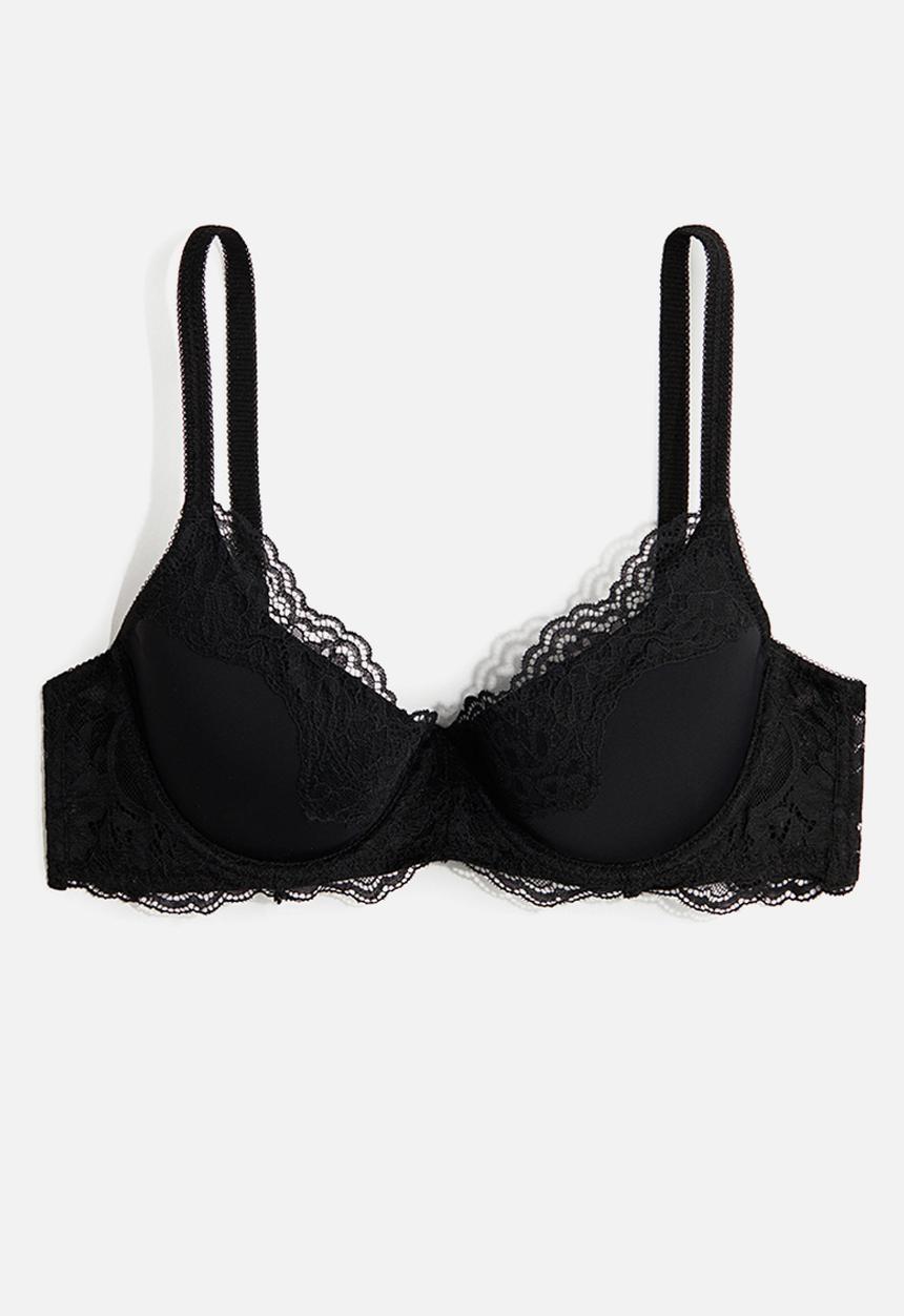 H&M - Padded underwired microfibre and lace bra - black