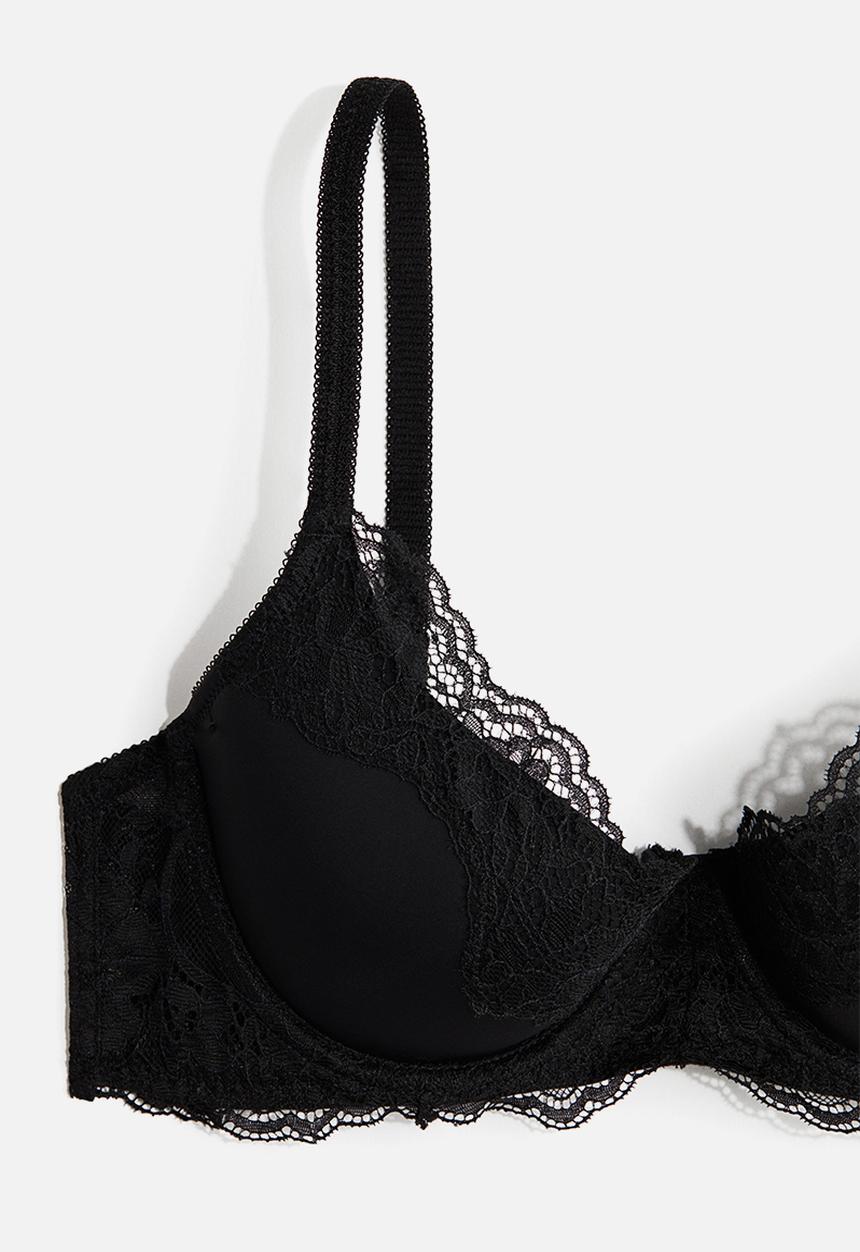 H&M - Padded underwired microfibre and lace bra - black