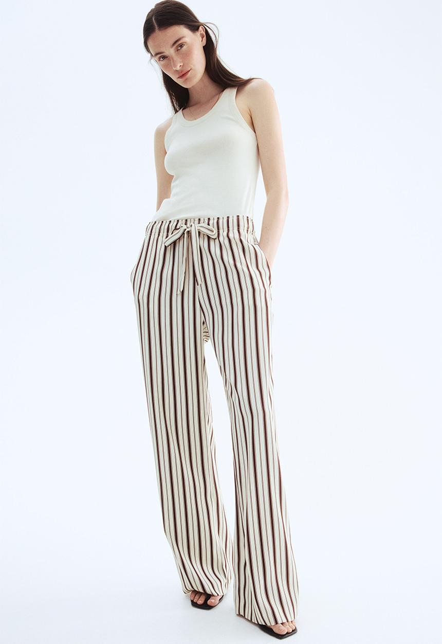 H&M - Drawstring twill trousers - light beige & brown striped