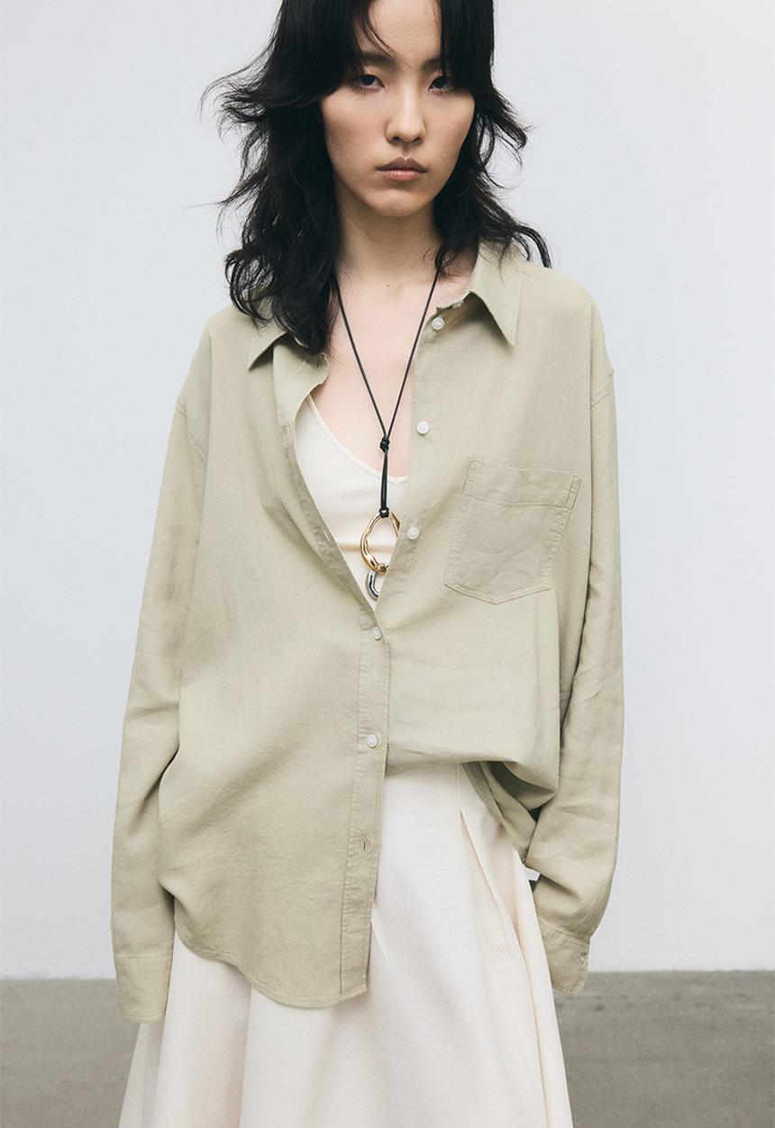 H&M - Linen-blend shirt - light khaki green