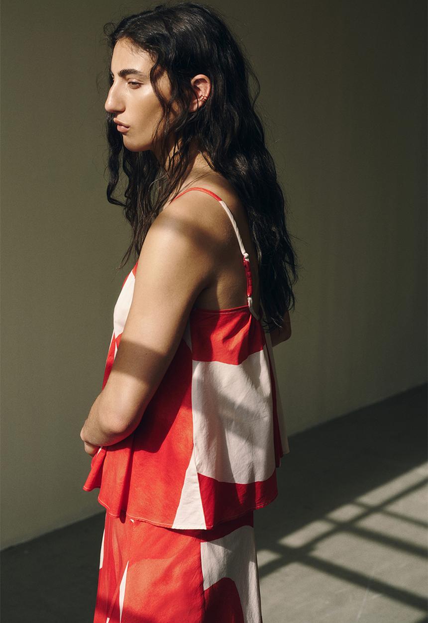 H&M - Flared cotton strappy top - red/patterned