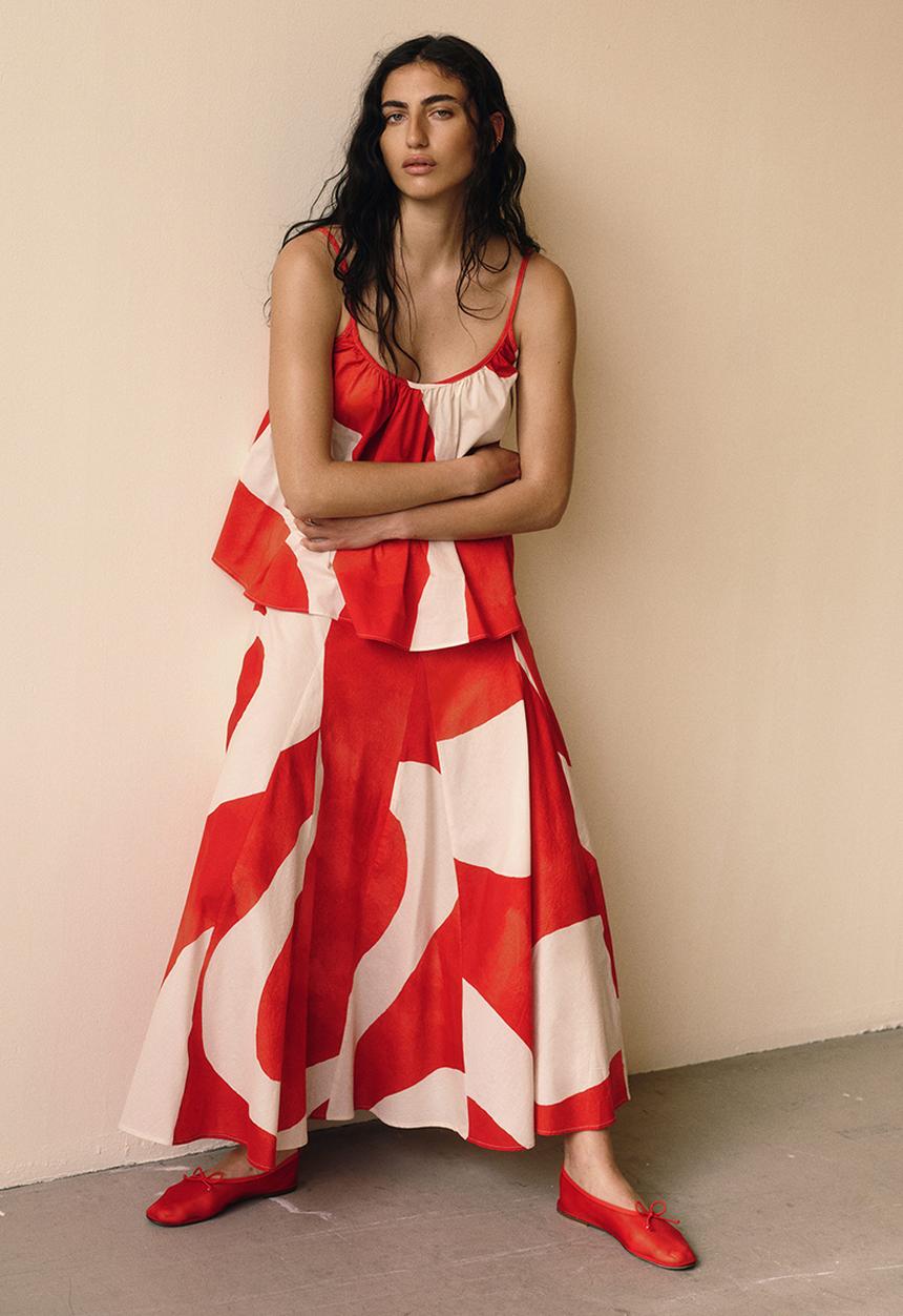 H&M - Flared cotton strappy top - red/patterned
