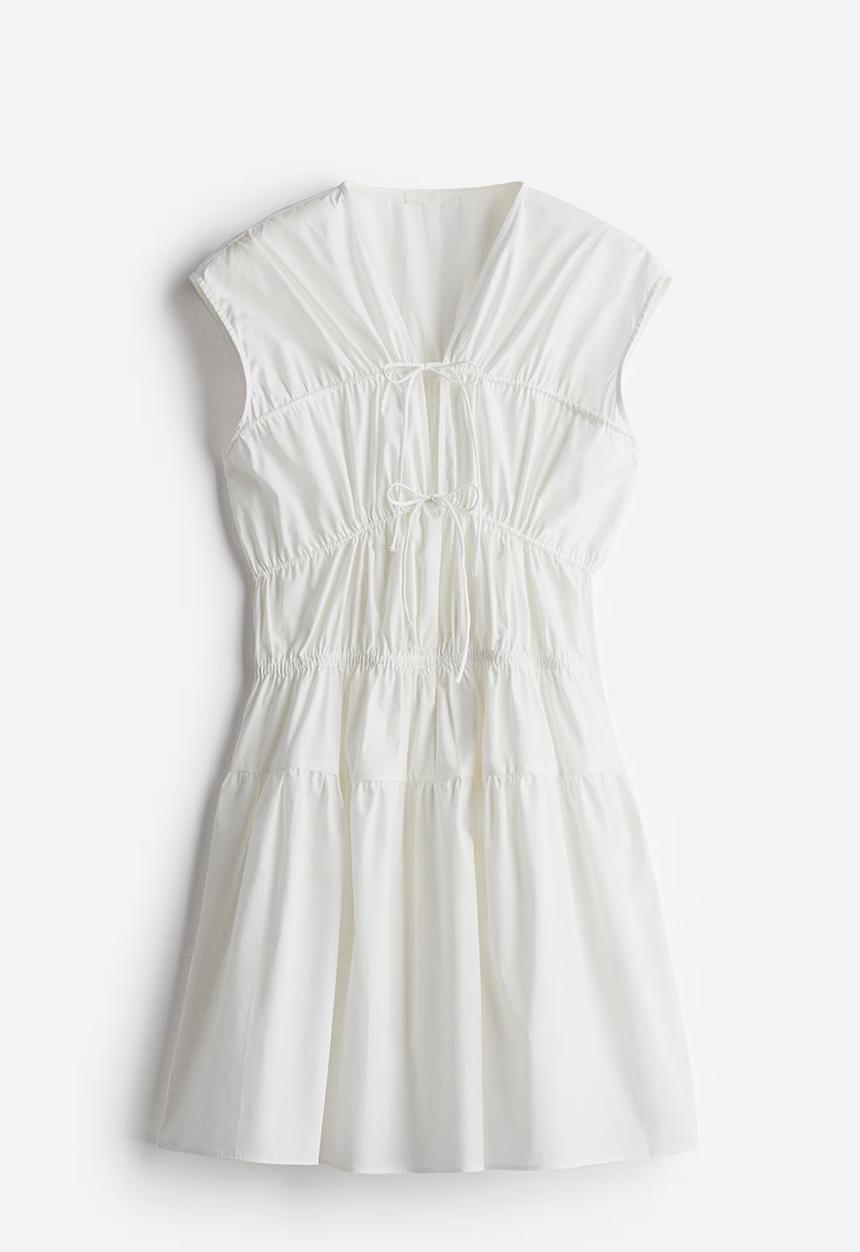 H&M - Drawstring-detail poplin dress - white