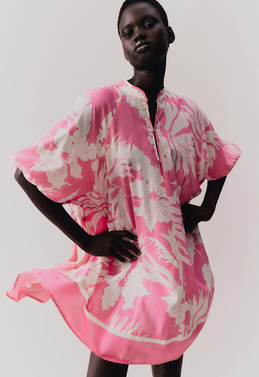 H&M - Tie-belt dress -  pink/patterned