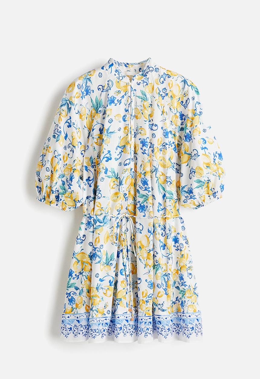 H&M - Tie-belt dress - white/lemons