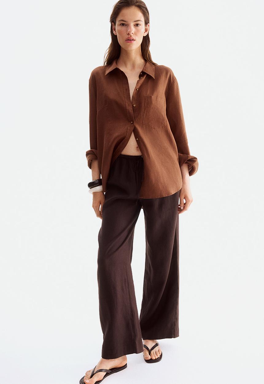 H&M - Linen drawstring trousers - dark brown 