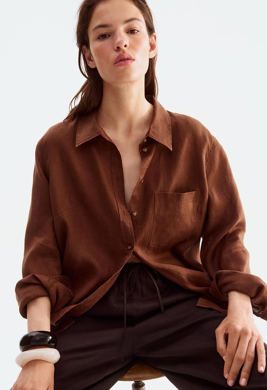H&M - Linen drawstring trousers - dark brown 