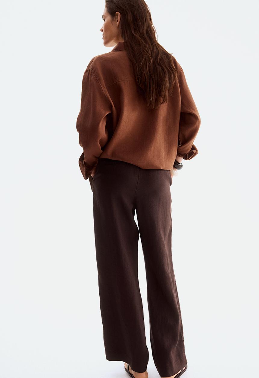 H&M - Linen drawstring trousers - dark brown 