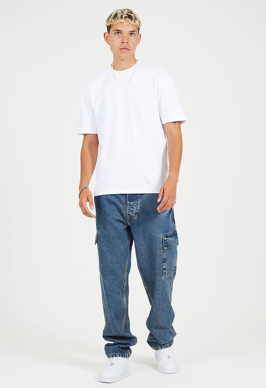 Brave Soul - Wide Leg Denim Jean Cargo Pockets - Mid Blue Wash Regular Length