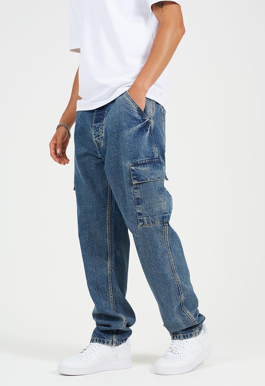 Brave Soul - Wide Leg Denim Jean Cargo Pockets - Mid Blue Wash Regular Length