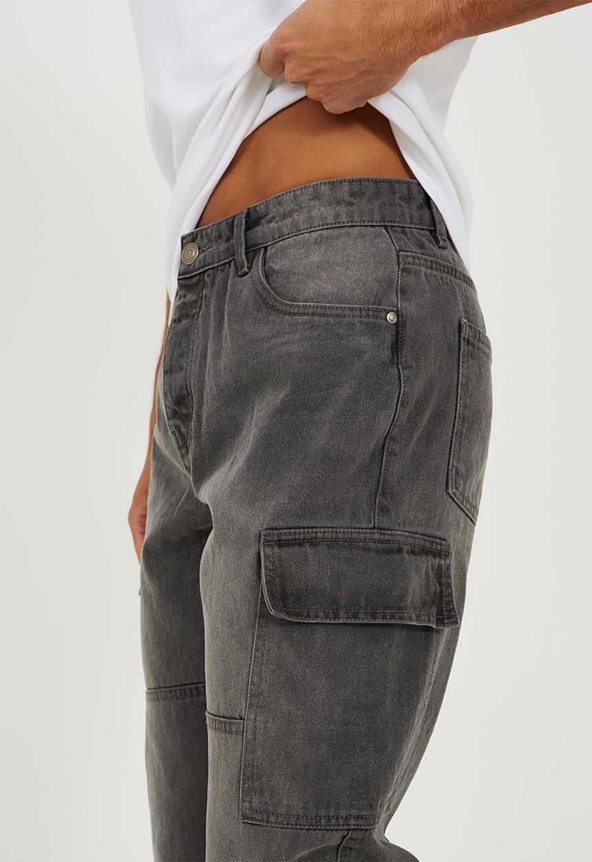 Brave Soul - Loose Fit Cargo Denim Jean Cargo - Charcoal Wash Regular Length