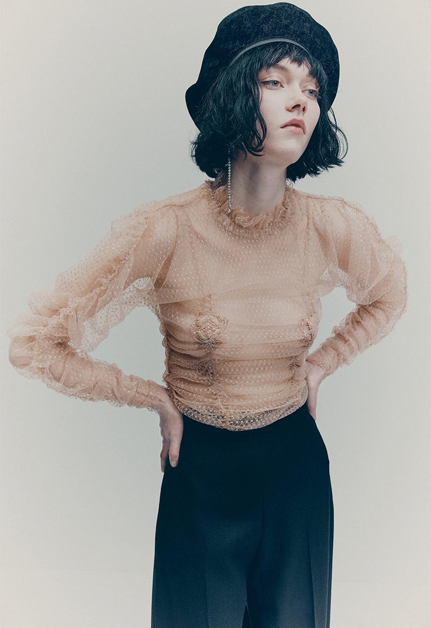 H&M - H&M Studio: Embroidered mesh top - beige