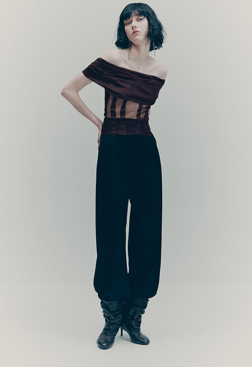 H&M - H&M Studio: Off-the-shoulder mesh top - burgundy