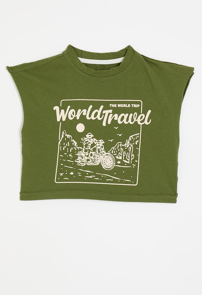 Pop Candy - Dropped shoulder placement print tee - olive green/world travel