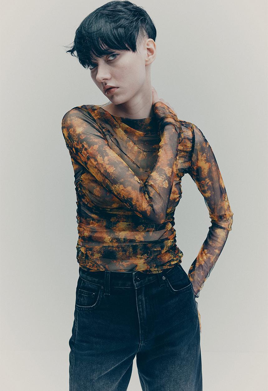 H&M - H&M Studio: Draped mesh top - black/floral