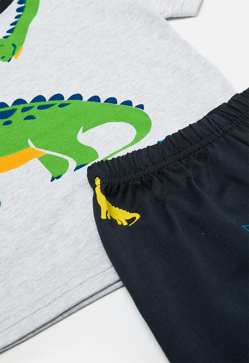 Pop Candy - Dino graphic pj top with all-over print shorts - grey/dark navy
