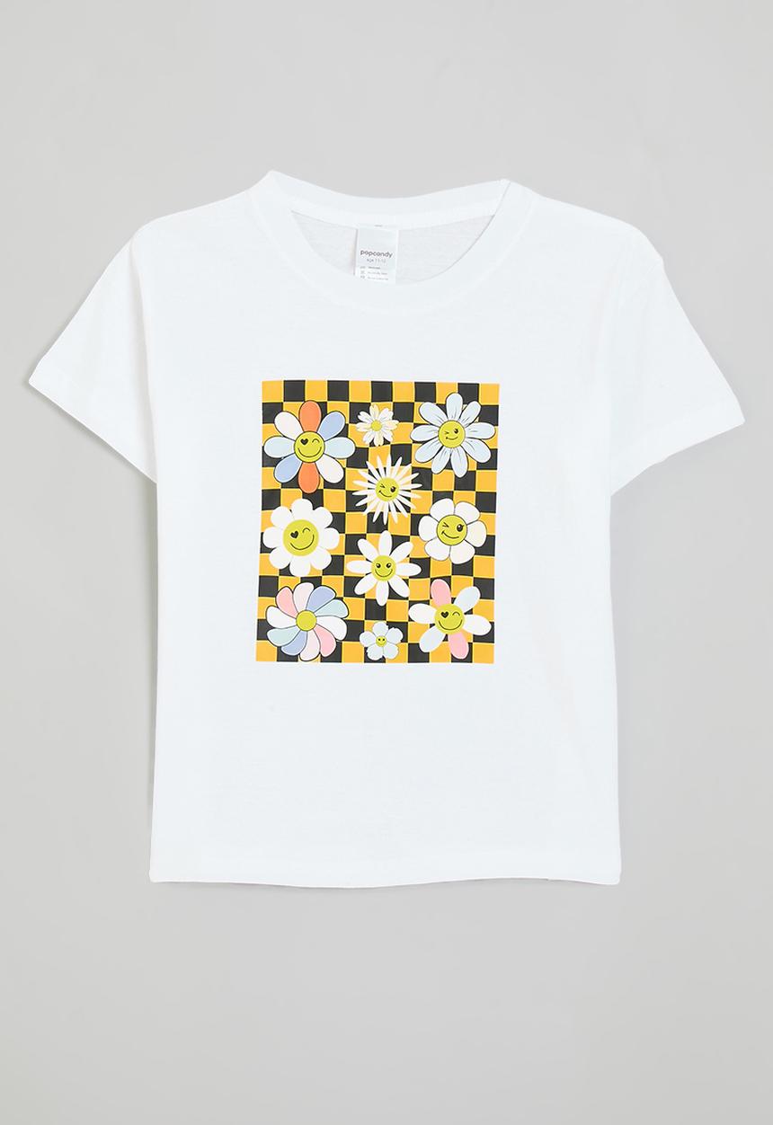 Pop Candy - Retro floral all-over print tee - white/yellow checkerboard