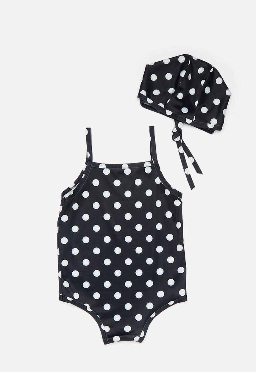Pop Candy - Baby swimsuit with adjustable tie swim cap - black/polka dots