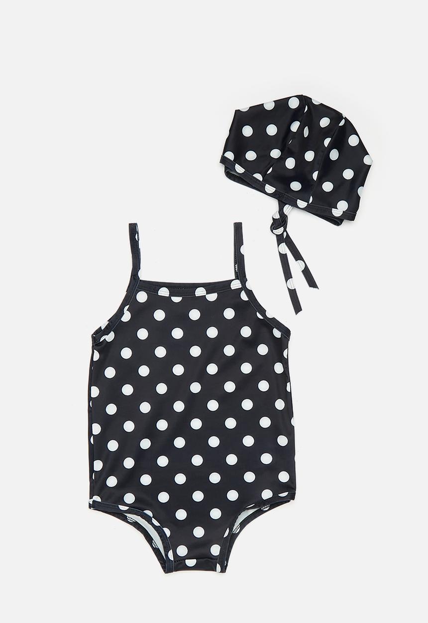 Pop Candy - Baby swimsuit with adjustable tie swim cap - black/polka dots