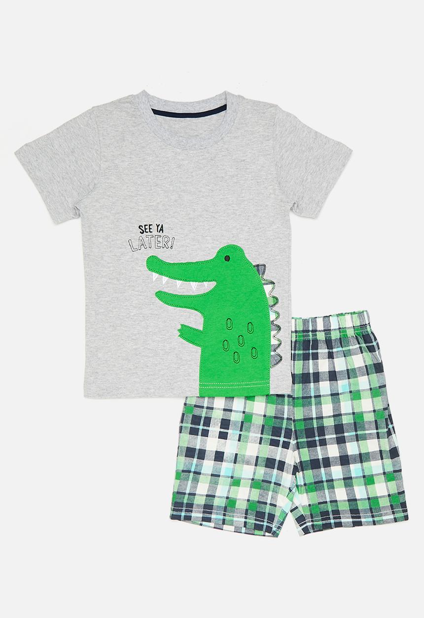Pop Candy - Placement print top with shorts - grey/green tartan/see ya later!