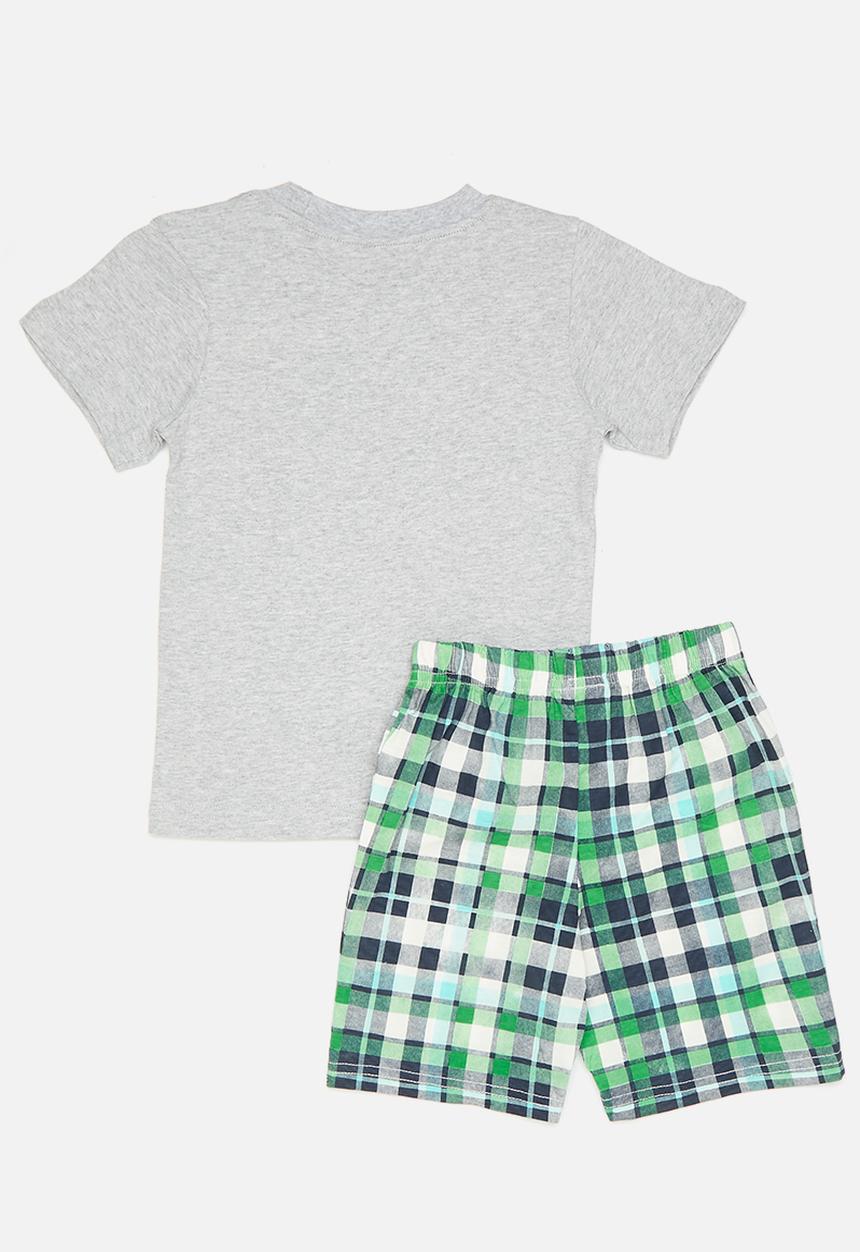 Pop Candy - Placement print top with shorts - grey/green tartan/see ya later!