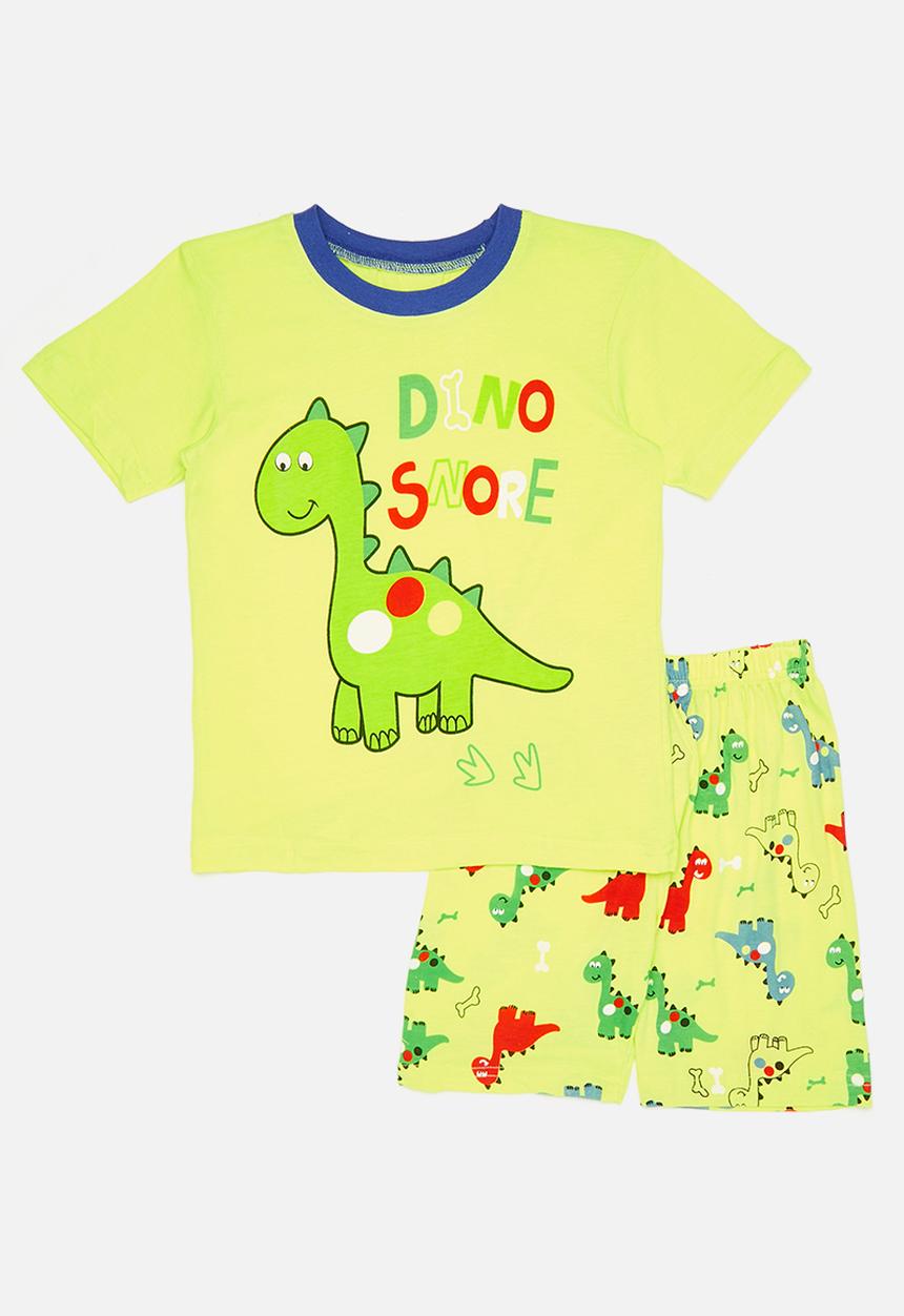 Pop Candy - Placement print pj top with all-over print shorts - green/dino snore