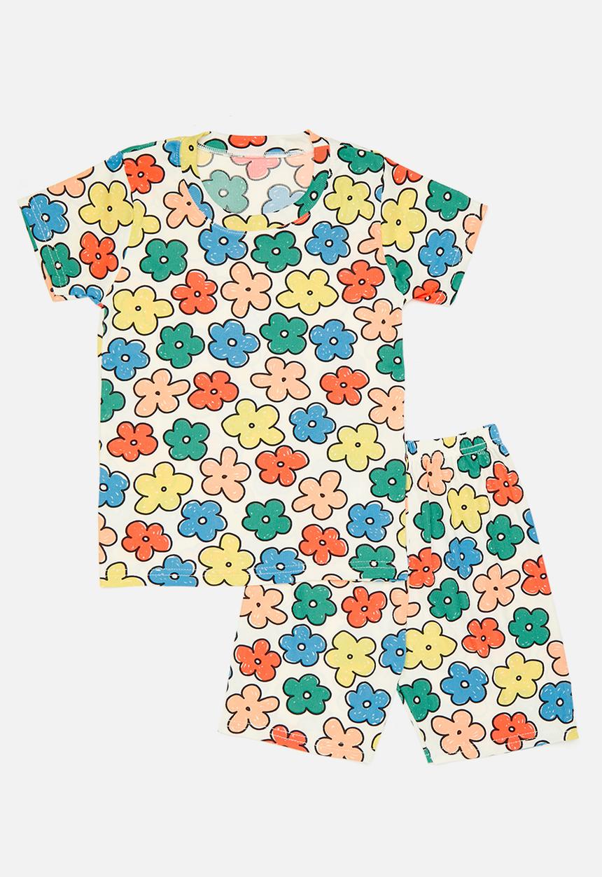 Pop Candy - Floral all-over print rib knit pj set - off white